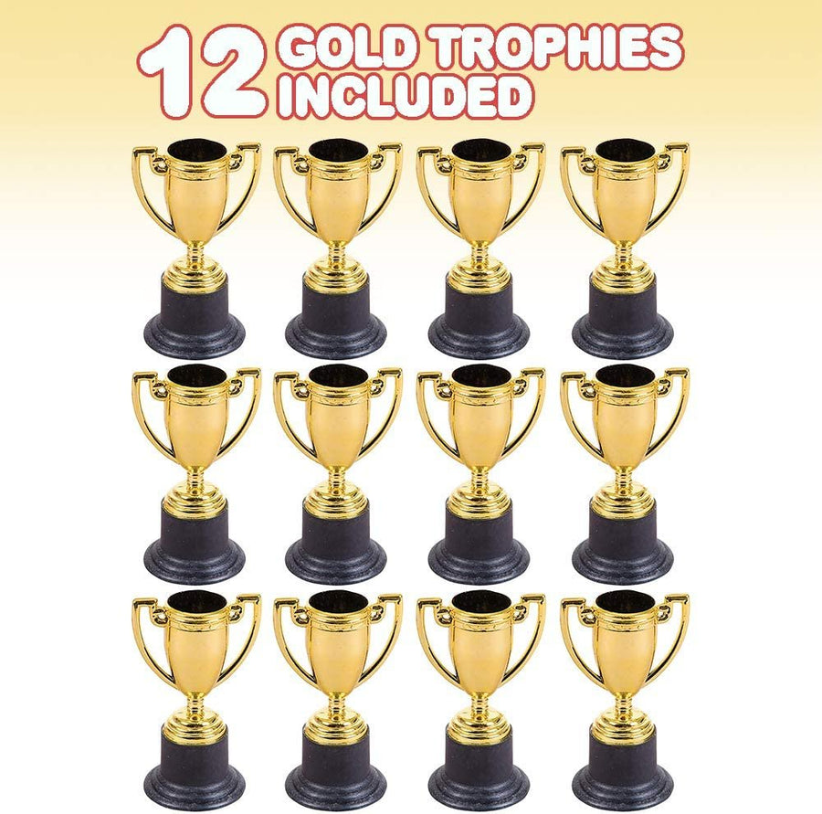 Gold Plastic Trophies for Kids - Pack of 12 Golden Colored Trophy Set - 4" Award Cups for Football, Soccer, Baseball, Carnival Prize, Party Favors for Boys and Girls
