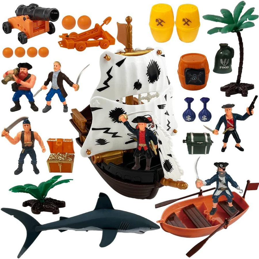 Pirate Action Figure Playset, Pirate Play Set with Action Figurines, Pirate Ship Toy, Boat, Shark, Treasure Chests, Storage Box, & More, Pirate Party Decorations, Cake Toppers, & Gifts