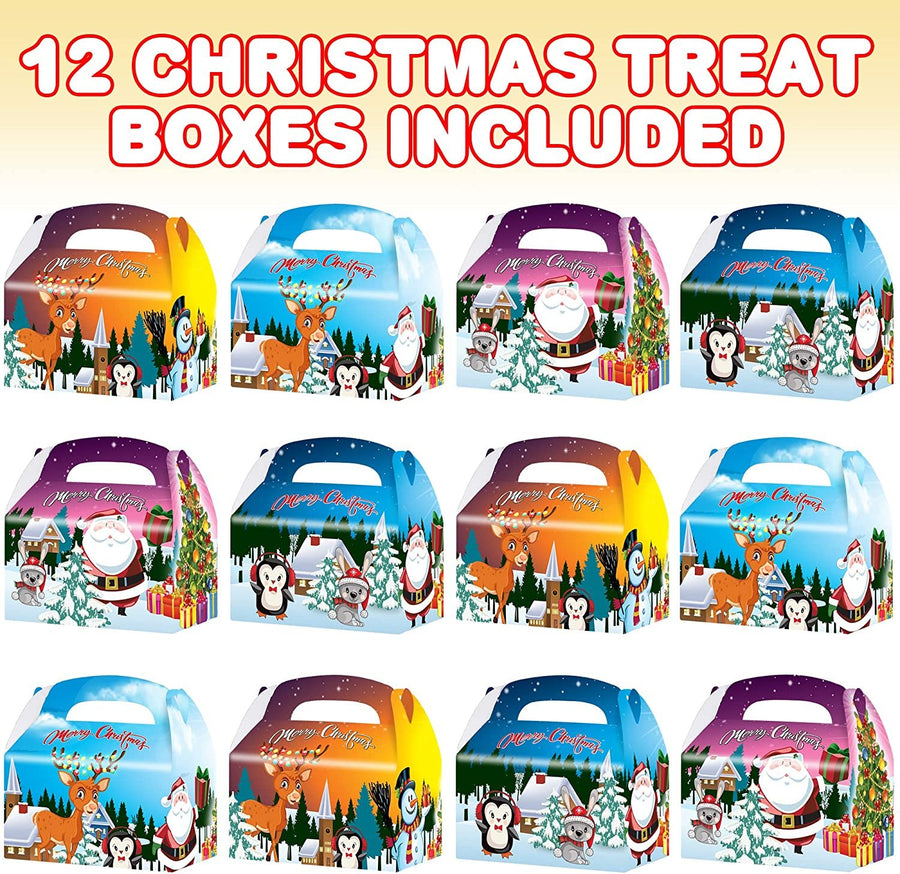 Christmas Treat Boxes, Set of 12, Cardboard Paper Christmas Candy Boxes with Carry Handles, Adorable Xmas and Holiday Supplies, Christmas Goodie Bags for Sweets, Toys, Gifts, and More