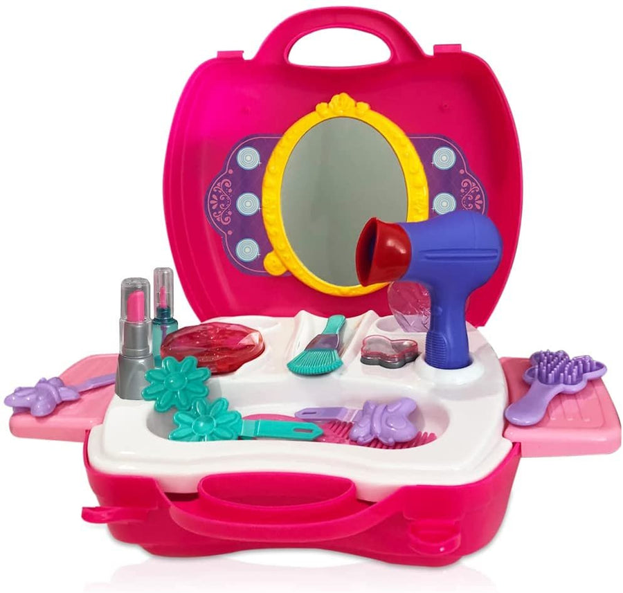 Beauty Playset for Kids, 21 Piece Makeup Set for Girls with Carry Case, Mirror, Brushes, Pretend Play Cosmetics, and More, Toy Vanity Mirror for Girls, Salon Station for Hours of Fun