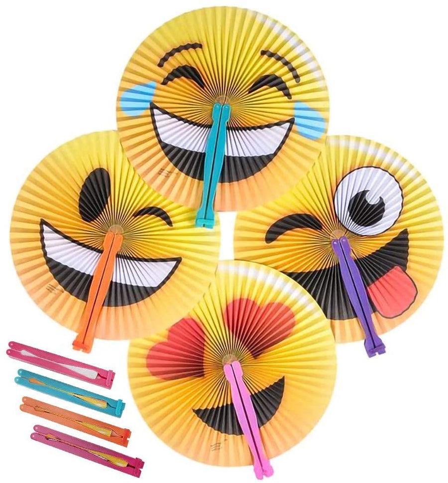 Emoticon Handheld Folding Fans for Kids, Pack of 12, Assorted Emoticons, 10" Foldable Fans for Boys and Girls, Emoticon Birthday Party Favors and Supplies, Cute Goodie Bag Fillers