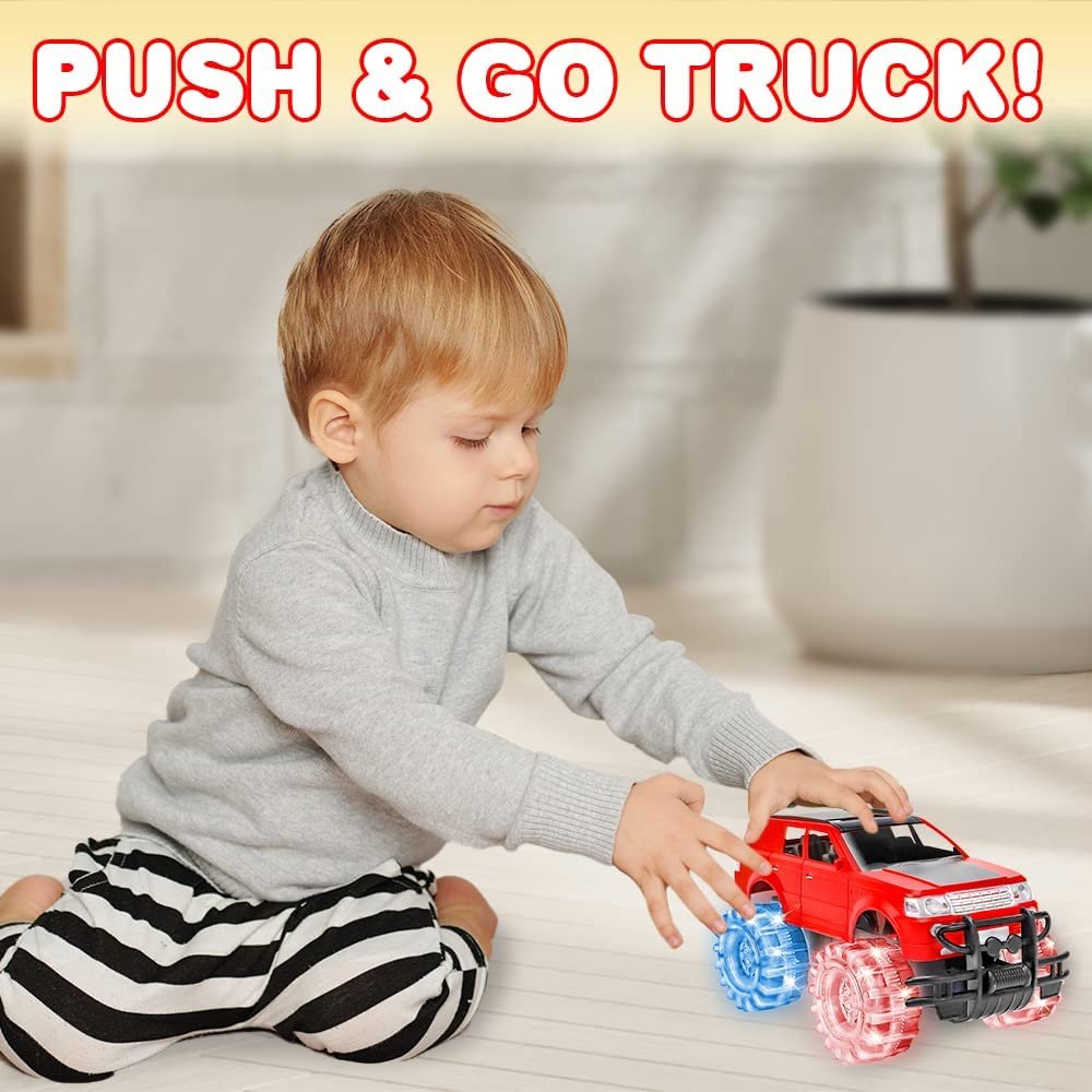 Light Up Red Monster Truck Toy, 1 Piece, 8" Toy Monster Truck with Flashing LED Tires and Batteries, Push n Go Car Toys for Kids, Fun Gift for Boys and Girls Ages 3 and Up