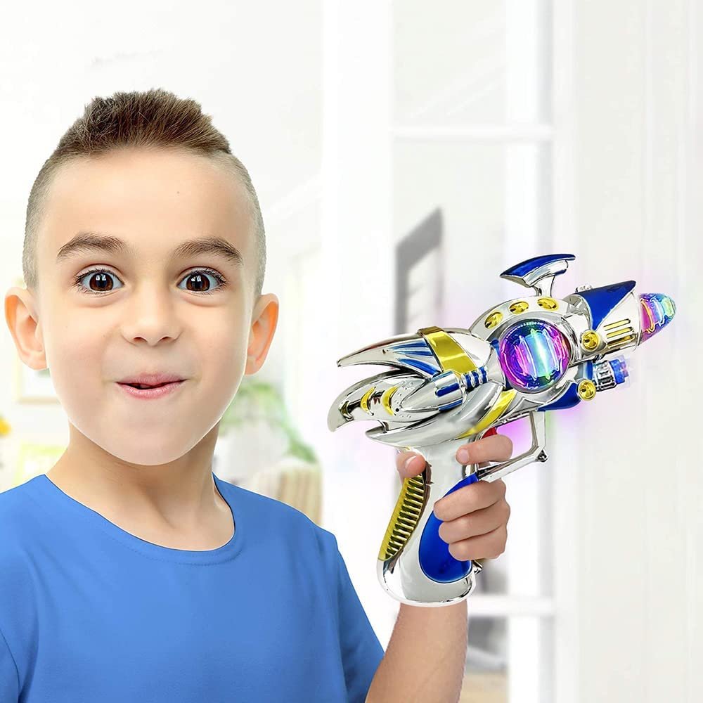 Blue Super Spinning Space Blaster Gun with Flashing LEDs and Sound Effects, Cool Futuristic Toy Gun with Batteries Included, Great Gift Idea for Kids