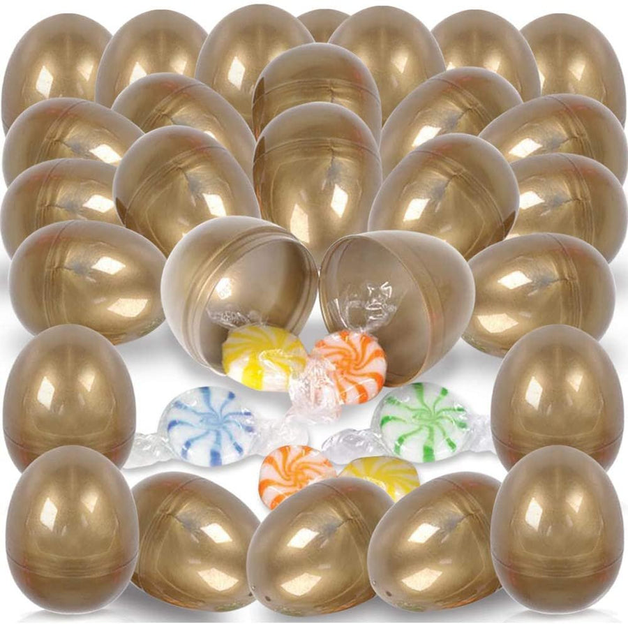Gold Hinged Plastic Easter Eggs, Bulk Pack of 25, Golden 2.5" Empty Surprise Eggs for Toys and Candy with Hinge, Unique Egg Hunt Supplies, Easter Party Favors