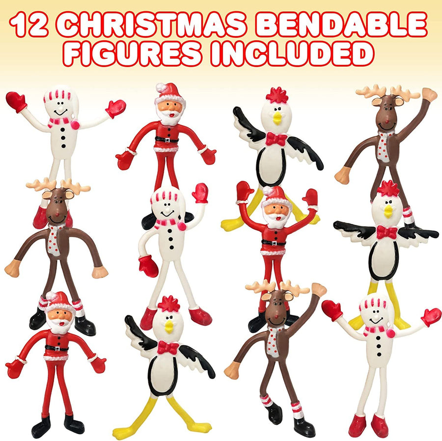 Christmas Bendable Figurines, Set of 12, Fidget Christmas Toys with Reindeer, Santa, Snowman, & Penguin Characters, Great as Christmas Party Favors and Holiday Stocking Stuffers for Kids