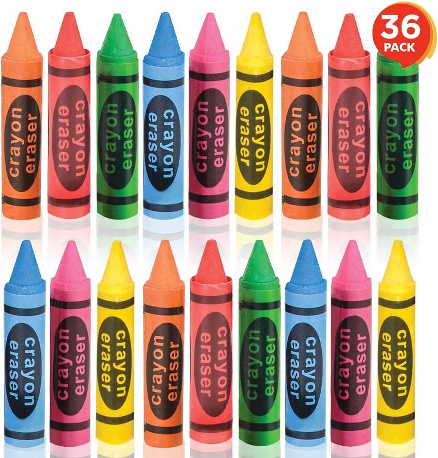2.5" Crayon Erasers for Kids - Set of 36 - Durable Pencil Rubbers in Assorted Colors - Unique School Stationery Supplies - Birthday Party Favors for Boys and Girls, Classroom Prize