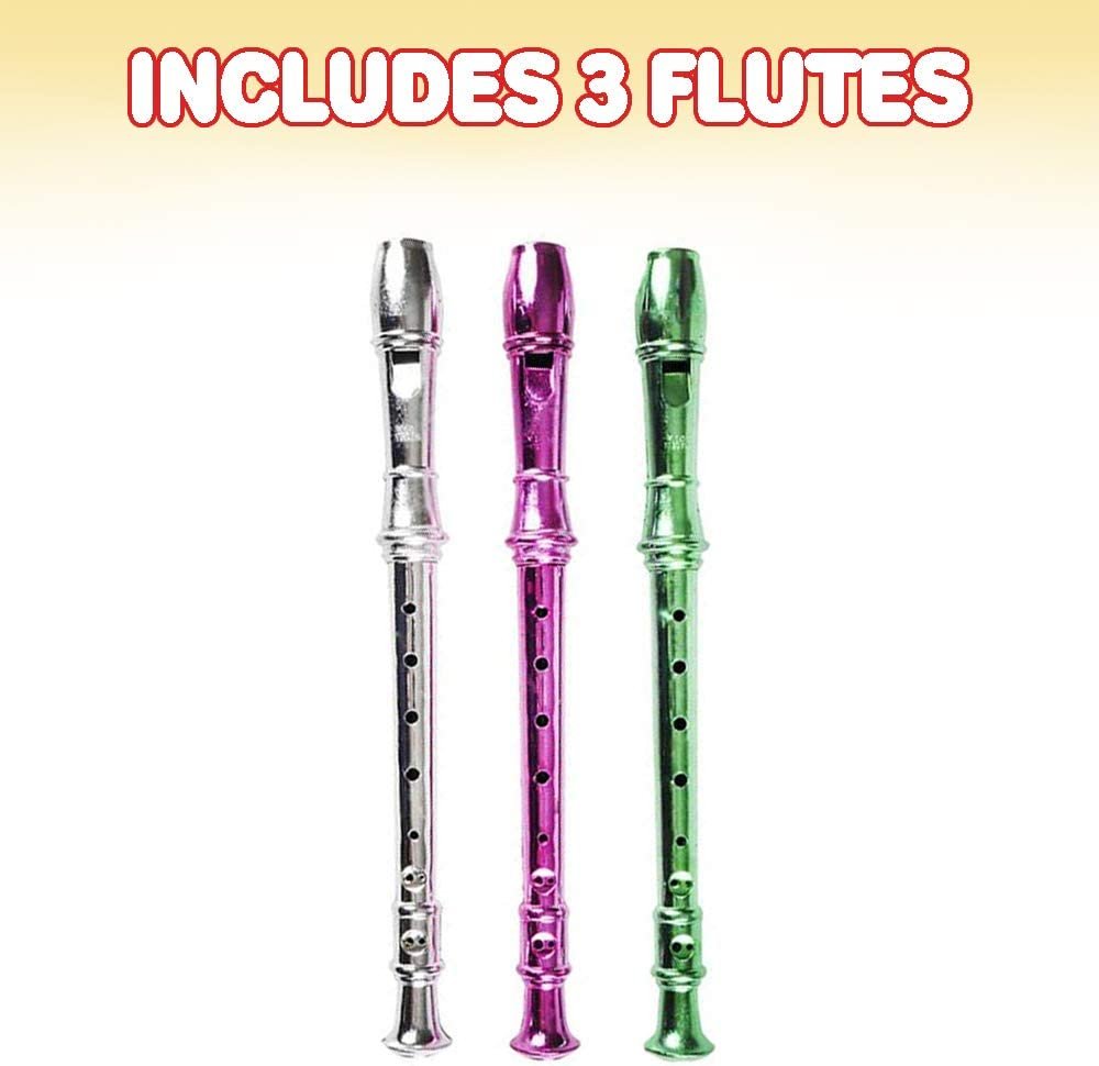 13" Metallic Flutes - Set of 3 - Plastic Musical Instrument for Kids - Metallic Colors - Durable Music Toys for Toddlers, Boys, Girls - Fun Gift and Birthday Party Favor for Children