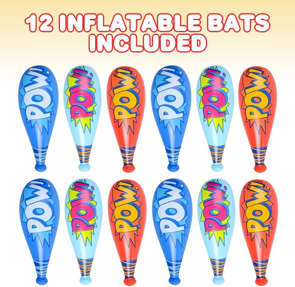 POW Inflatable Baseball Bats for Kids - Pack of 12 - Approx. 20" Durable Inflates in Assorted Colors, Superhero Birthday Party Favors, Decorations, & Supplies, Carnival Party Prizes