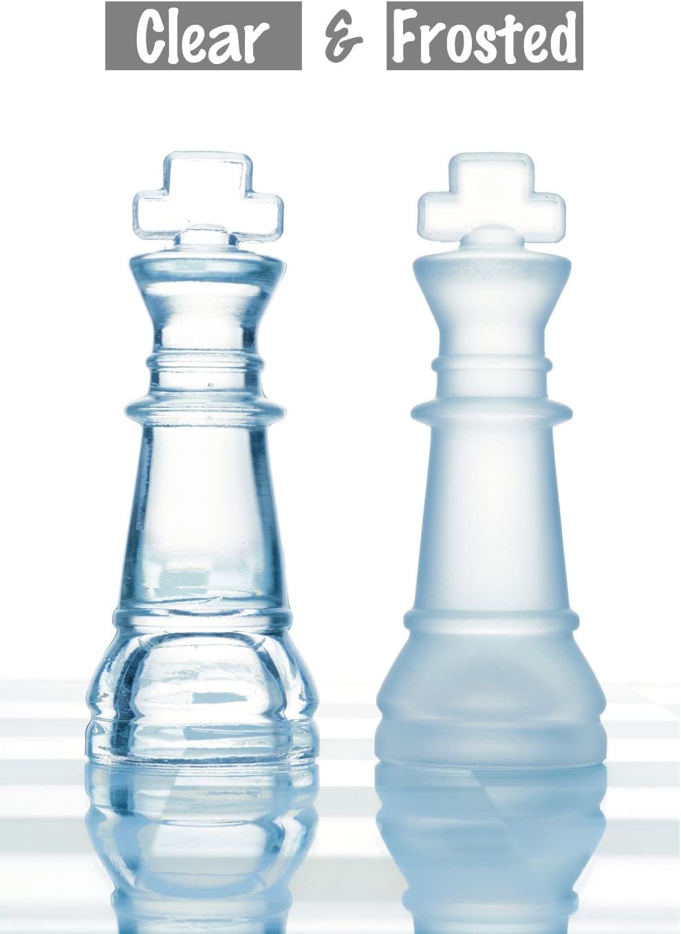 Glass Chess Set, Elegant Design - Durable Build - Fully Functional - 32 Frosted and Clear Pieces - Felted Bottoms - Easy to Carry - Reassuringly Stable (14")