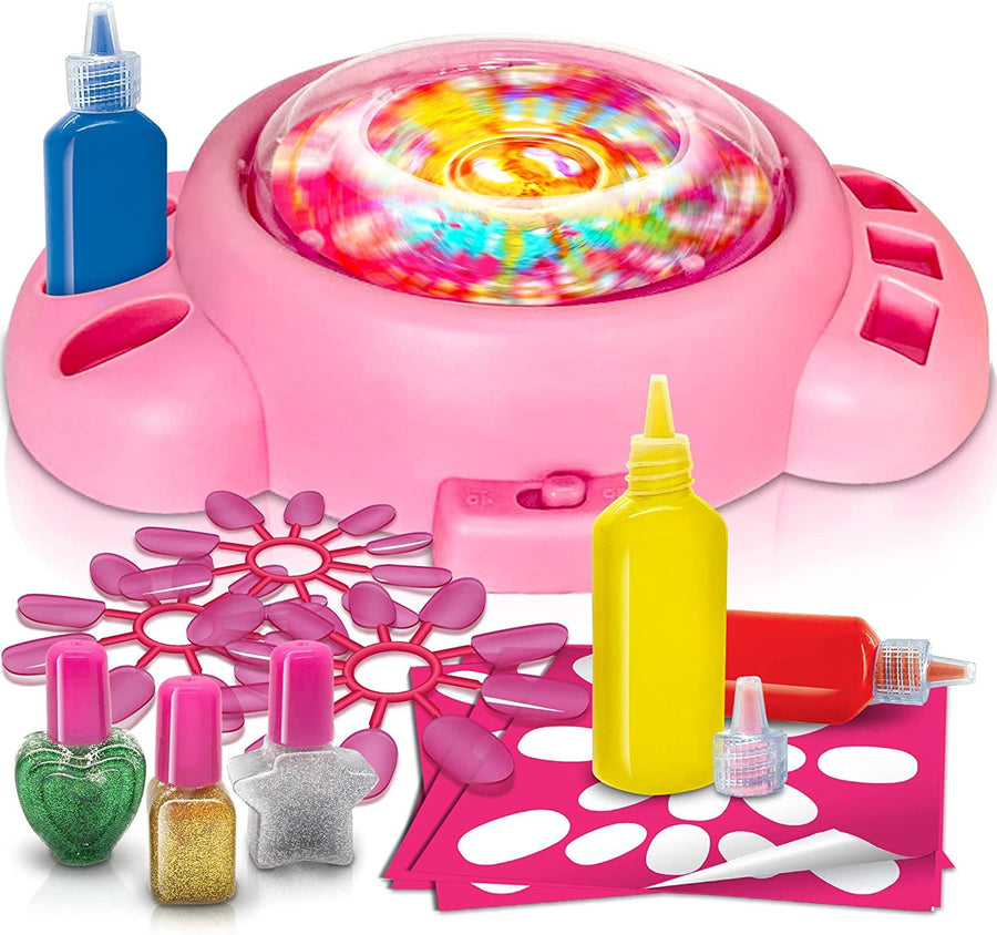 Swirl Painting Kit with Bonus Nail Accessories, Includes Paint, Glitter Glue, Nail Sticker Sheets, and More, Spin Art Machine Set for Kids, Great Gift Idea for Girls