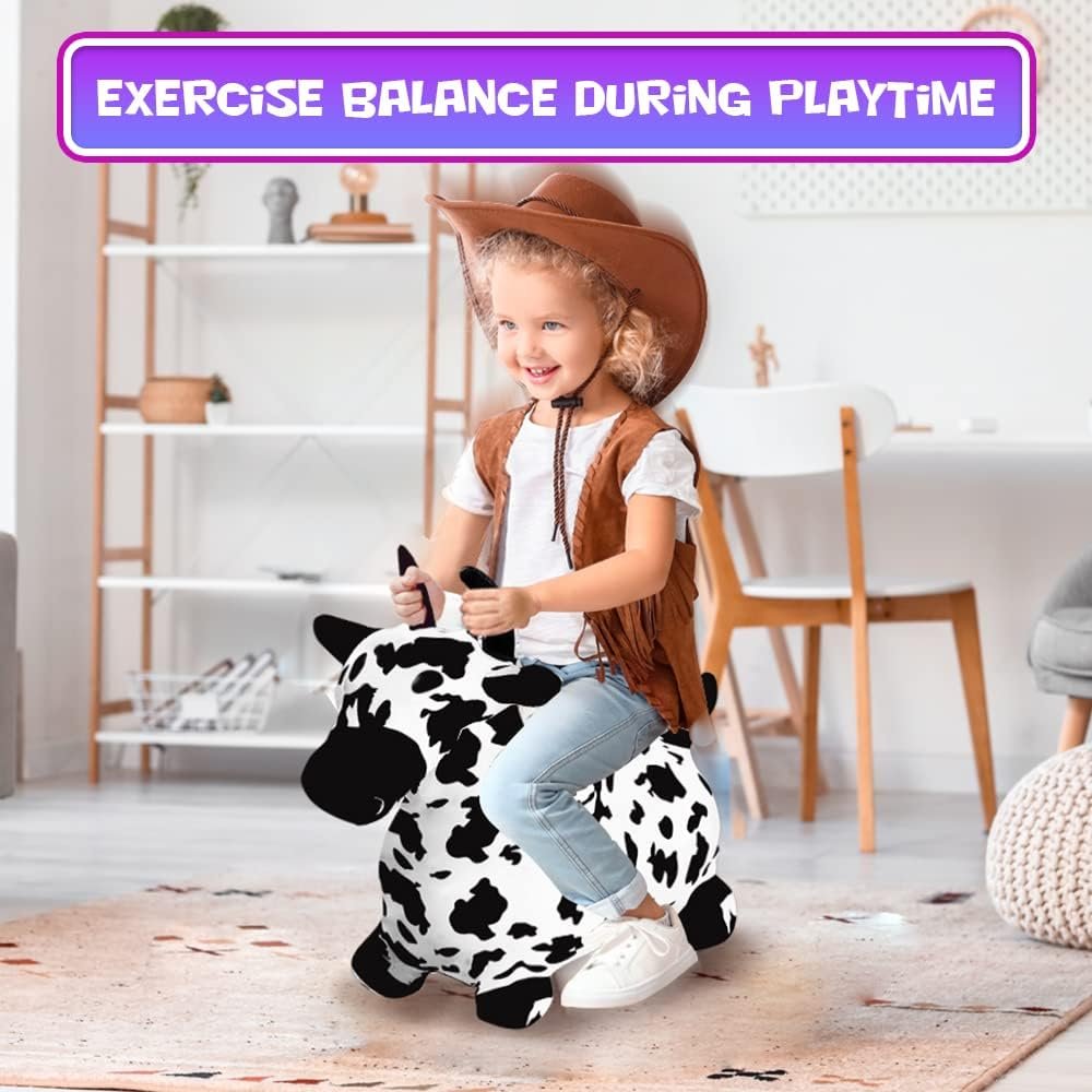 Light Up Bouncy Horse Toy, Cow Hopper Horse with Music, Ride on Horse, Inflatable Animal Hopper for Active Indoor and Outdoor Play, Inflatable Plush Animal Covered Cow Toy for Kids (Pump Included)
