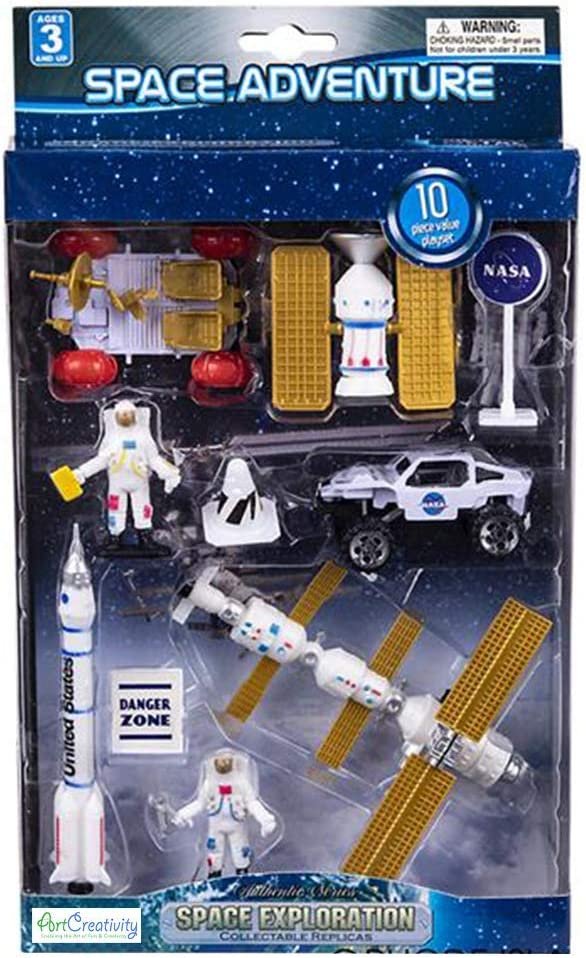 10 Pc Space Explorer Toy Kit, Pretend Play Set with Astronaut Figurines, Robotic Exploration Truck, Diecast Metal Vehicle, NASA Sign and More, Best Gift for Exploring Boys and Girls