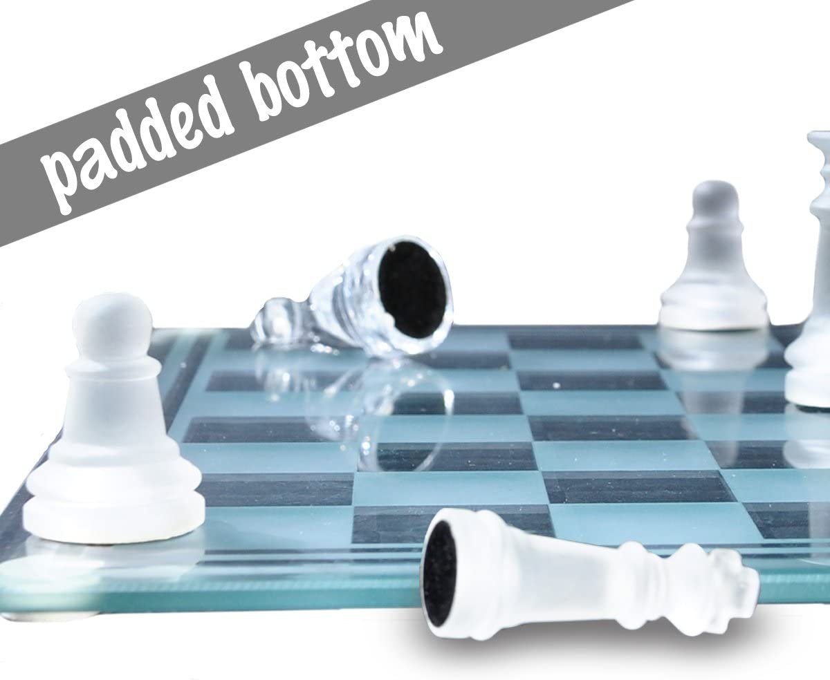 Glass Chess Set, Elegant Design - Durable Build - Fully Functional - 32 Frosted and Clear Pieces - Felted Bottoms - Easy to Carry - Reassuringly Stable (14")
