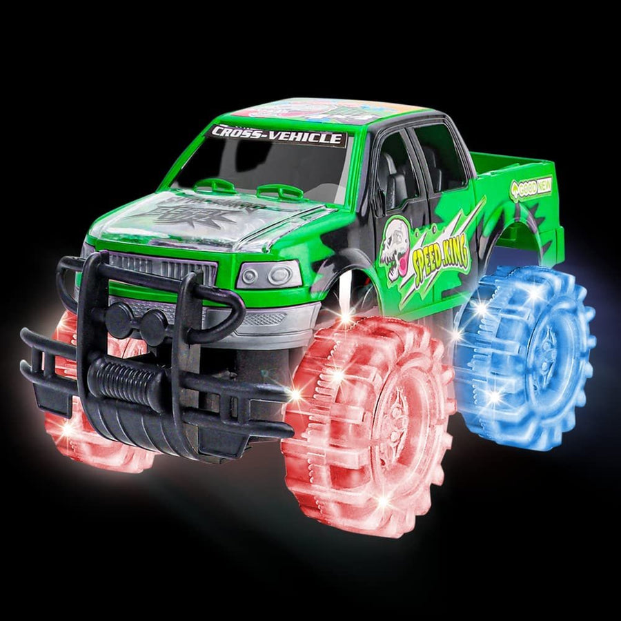 Light Up Green Monster Truck, 1 Piece, 8" Toy Monster Truck with Flashing LED Tires and Batteries, Push n Go Car Toys for Kids, Fun Gift for Boys and Girls Ages 3 and Up…