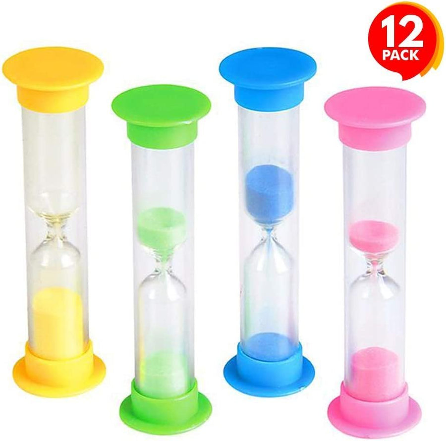 2 Minute Colored Sand Timers for Kids - Pack of 12 - 3.5" Durable PVC Hourglass Timers, Toothbrush and Classroom Visual Timers, Cool Birthday Party Favors and Goodie Bag Fillers