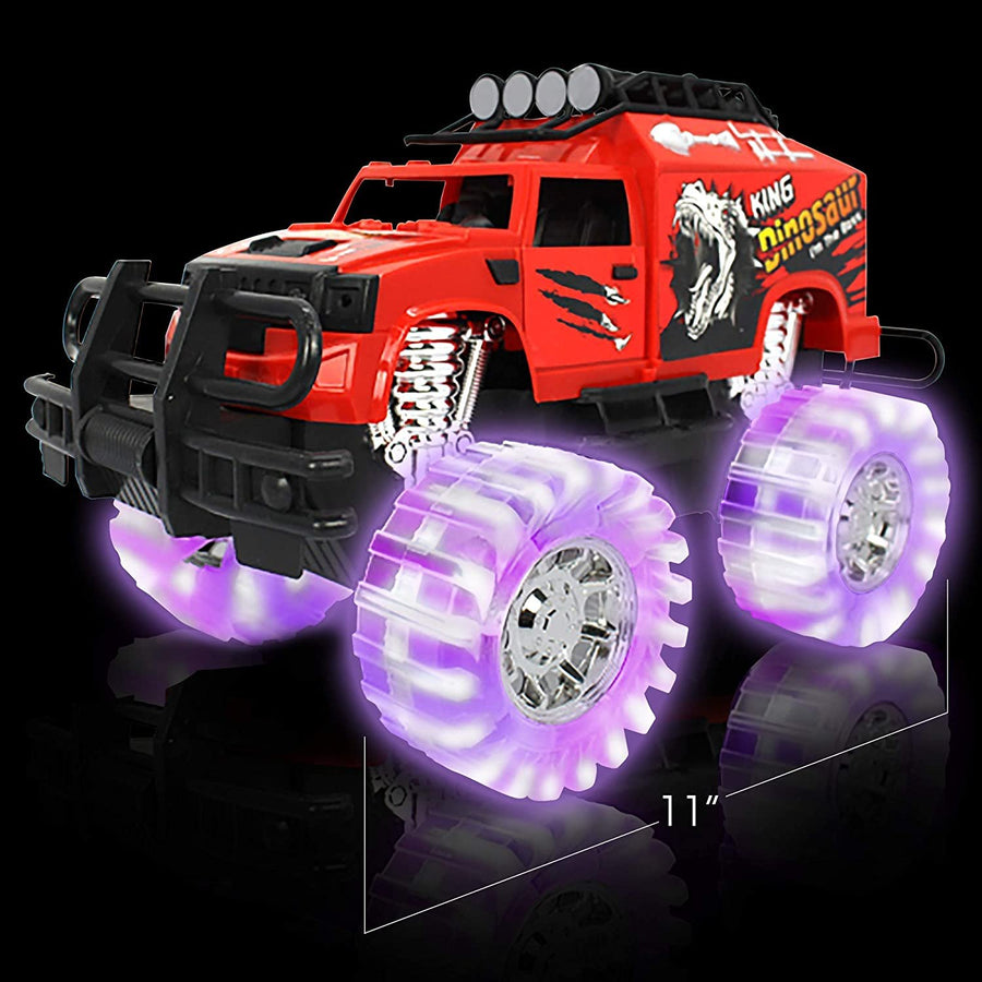 Light Up Red Monster Trucks - 11" Monster Truck with Beautiful Flashing LED Tires and Cool Music - Push n Go Toy Cars - Best Gift for Boys & Girls Ages 3+