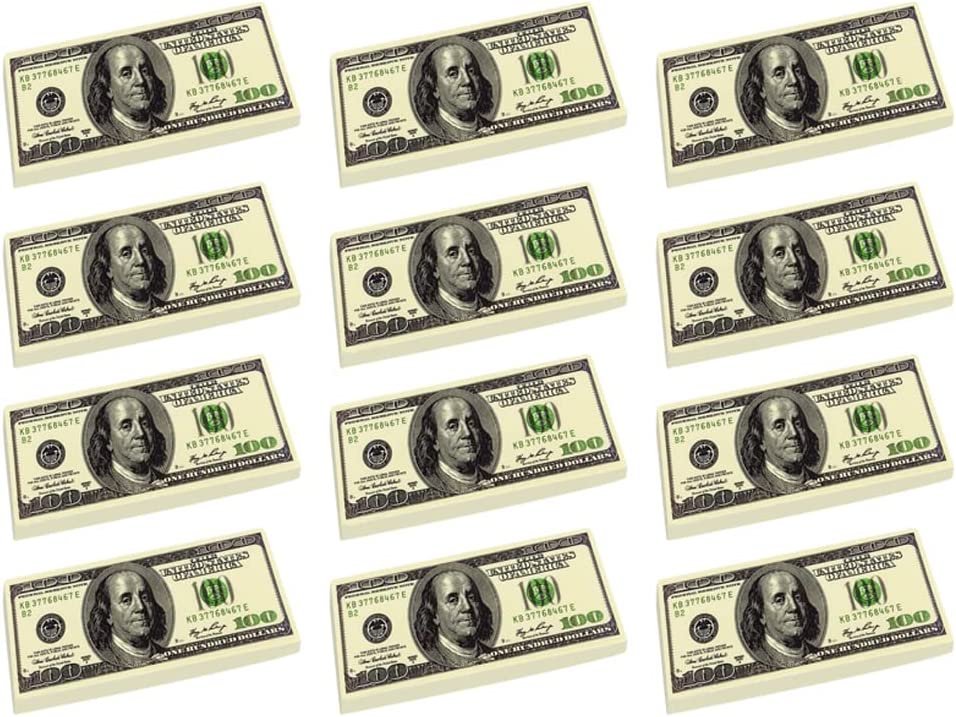 100 Dollar Bill Erasers - Set of 12 - 2.75" Big Rubber Eraser with Money Replica Design - Fun Birthday Party Favors, Goodie Bag Fillers, Classroom, Student Gifts, School Supplies