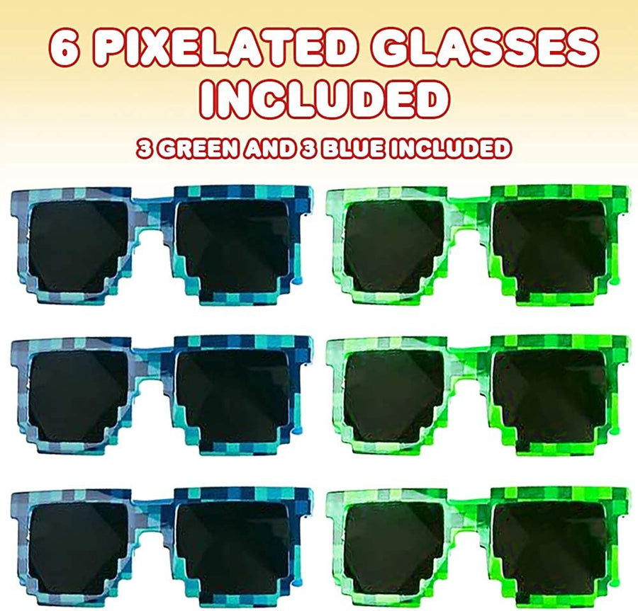 Pixeled Sunglasses for Kids, Set of 6, Cool Birthday and Pool Party Favors for Boys and Girls, Fun Dress-Up Accessories, Goodie Bag Fillers