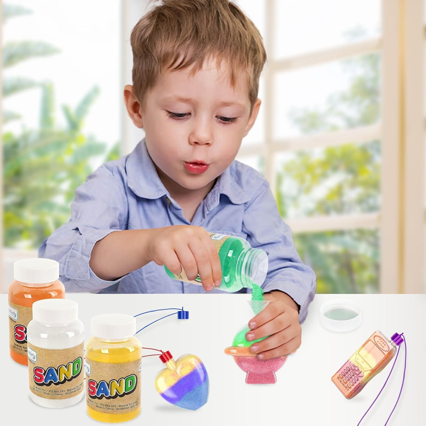 Colored Sand Art Kits for Kids 40-Pack, Play Sand Set, 10 Assorted Colors, 8 oz. Each, 24 Sand Art Bottle Necklaces, and 6 Funnels Bulk Sand Art Project, Kids Party Crafts for Boys Girls