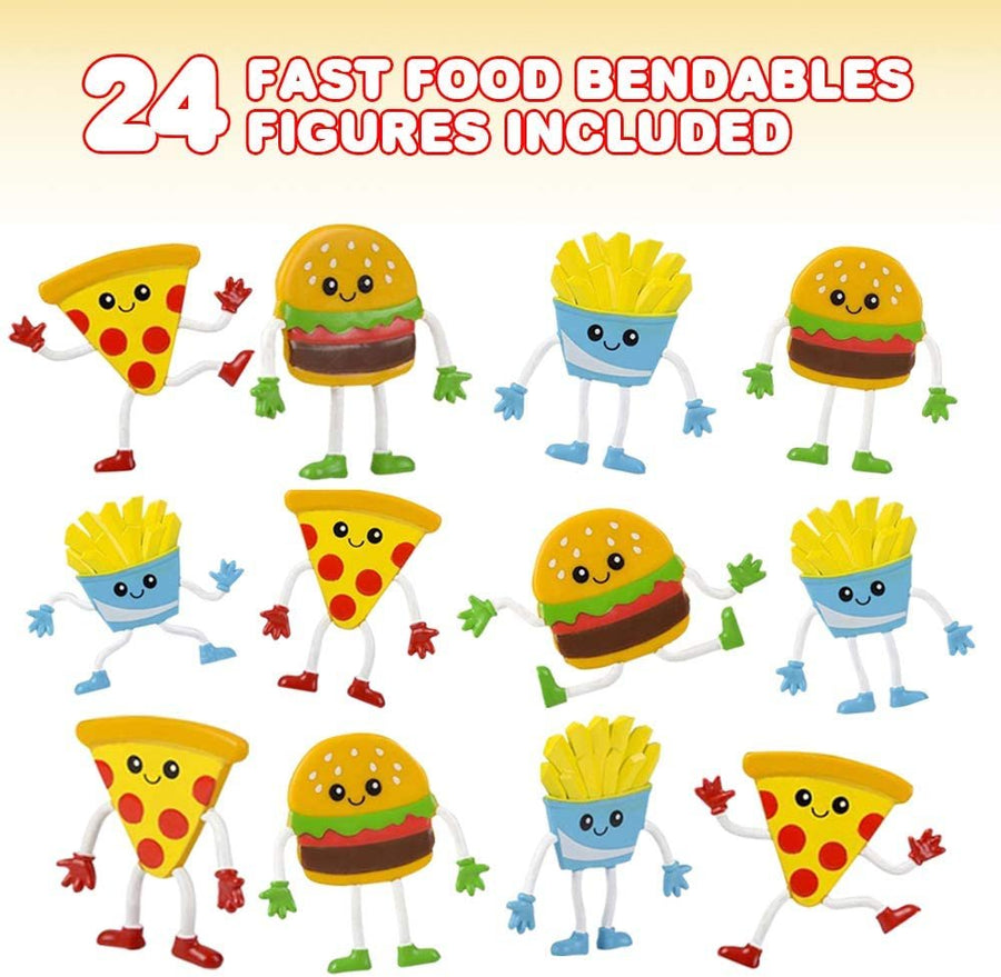 Fast Food Bendable Figures, Set of 24 Novelty Food Shaped Bendy Figurines, Stress Relief Fidget Toys, Birthday Party Favors, Goodie Bag Stuffers, Piñata Fillers for Kids