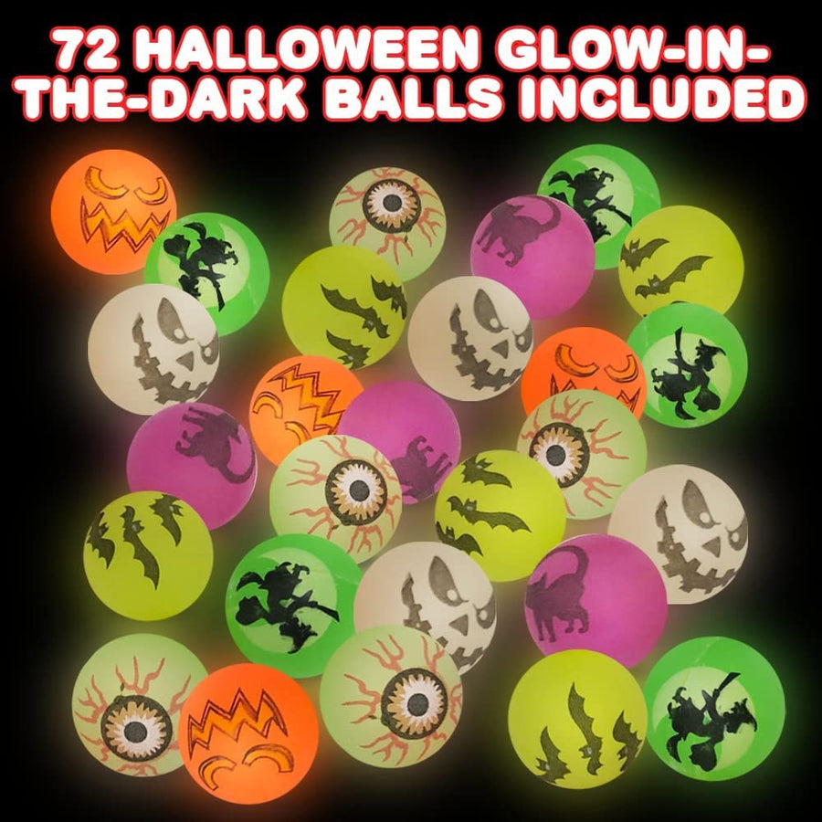 Halloween Glow in the Dark Bouncing Balls, Bulk Pack of 72, 6 Halloween Theme Designs, 1.25" High-Bounce Balls for Kids, Trick or Treat Giveaways, Party Favors and Goodie Bag Fillers