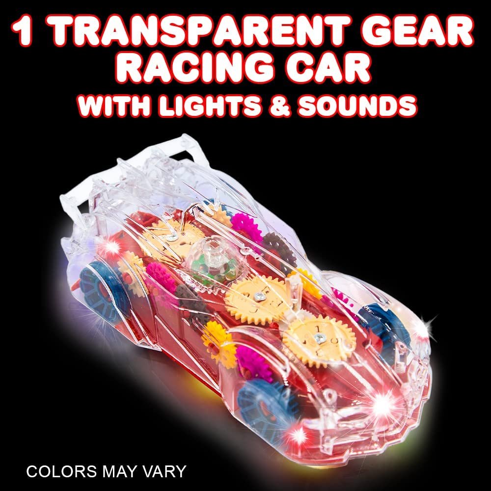 Light Up Car Transparent Gear Racer Toy Car for Kids, 1PC, Bump and Go Toy car with Colorful Moving Gears, Music, and LED Effects, Fun kids Car Toys for Boys, Great Birthday gifts For 3 Year Old Boys