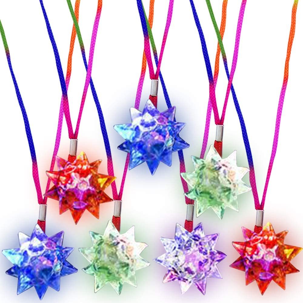 Flashing Crystal Star Necklaces for Kids, Set of 12, Cute Toy Jewelry for Girls with Light-Up Pendant, Princess Party Favors for Children, Pretty Goodie Bag Fillers in Assorted Colors
