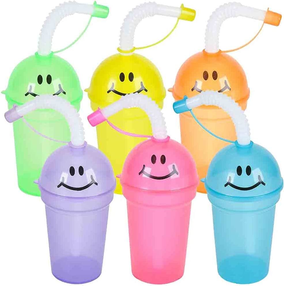 Smile Face Sipper Cups with Straws & Lids, Set of 12, Fun Assorted Colors, 7 oz Plastic Party Sipper Cups for Kids, Neon Party Favors for Children, Birthday Supplies & Goodie Bag Fillers