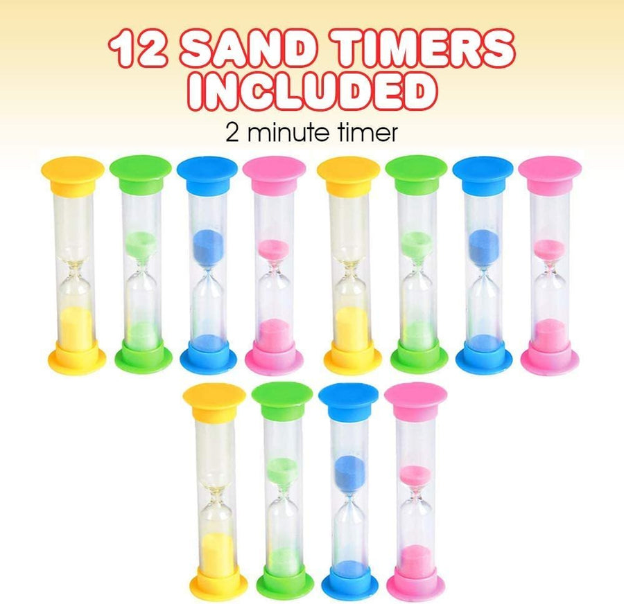2 Minute Colored Sand Timers for Kids - Pack of 12 - 3.5" Durable PVC Hourglass Timers, Toothbrush and Classroom Visual Timers, Cool Birthday Party Favors and Goodie Bag Fillers