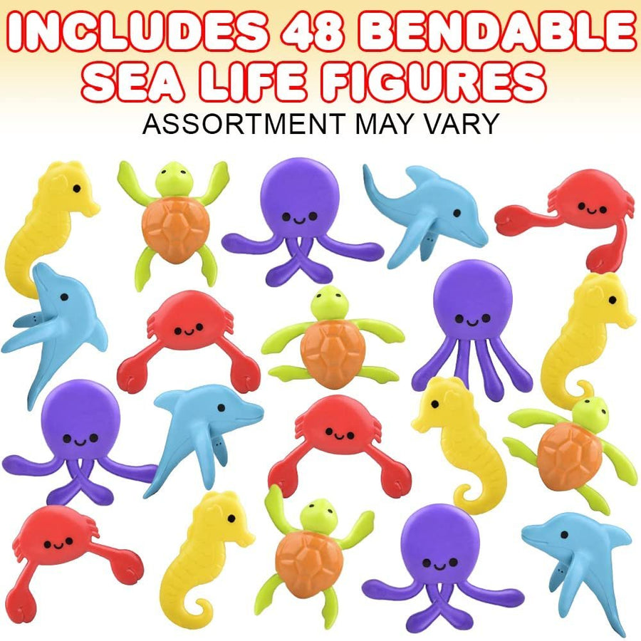 Mini Bendable Ocean Toys, Set of 48, Fidget Sea Creature Toys for Kids in 5 Assorted Designs, Great as Aquatic Birthday Party Favors, Under the Sea Party Favors, and Pinata Stuffers