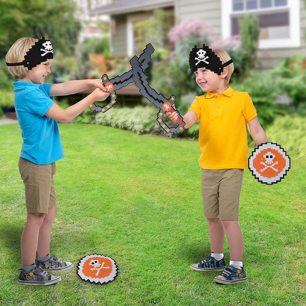 Foam Pixel Pirate Set, 3-Piece Kit with Pixelated Sword, Shield, and Hat, Unique Halloween Pirate Costume Accessories, Fun Pirate Toys for Kids, Great Birthday Gift Idea