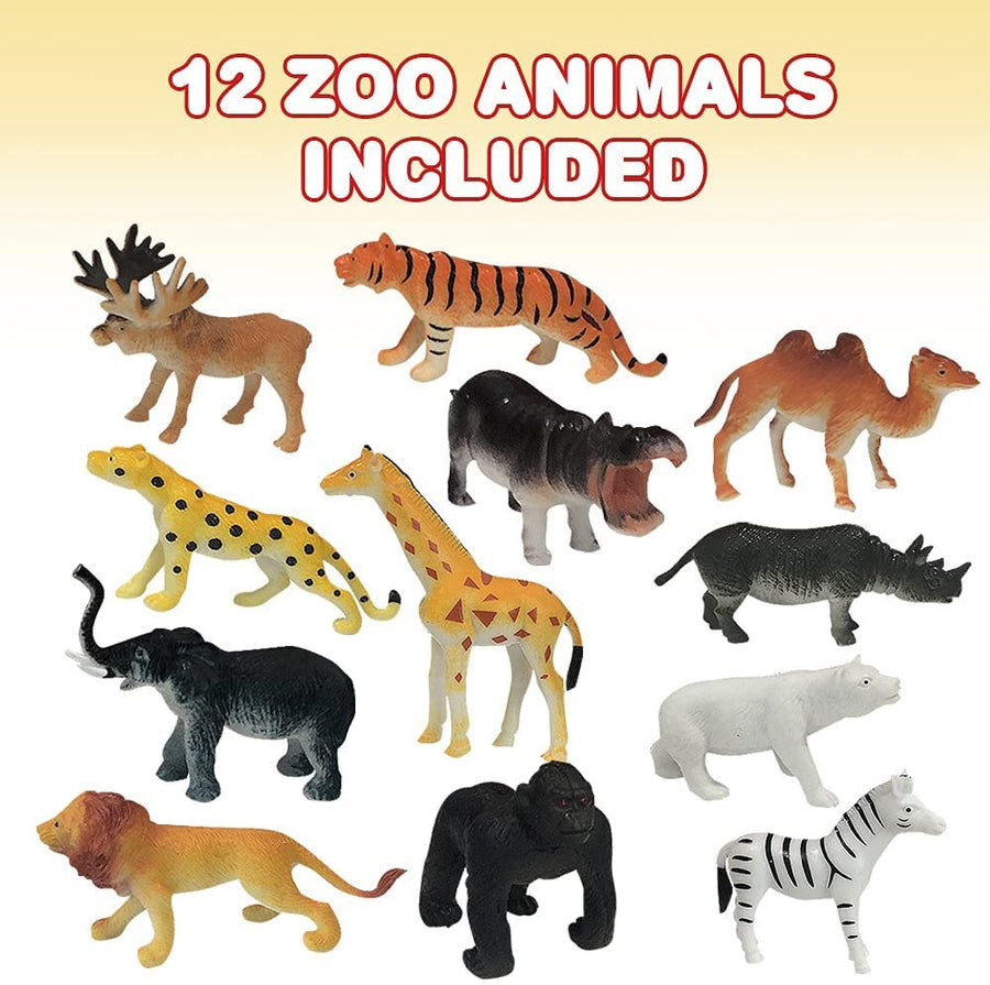 Zoo Animal Figurines Set for Kids, Pack of 12, Assorted Small Animal Figures, Sturdy Plastic Toys, Fun Zoo Theme Birthday Party Favors, Great Gift Idea for Boys and Girls