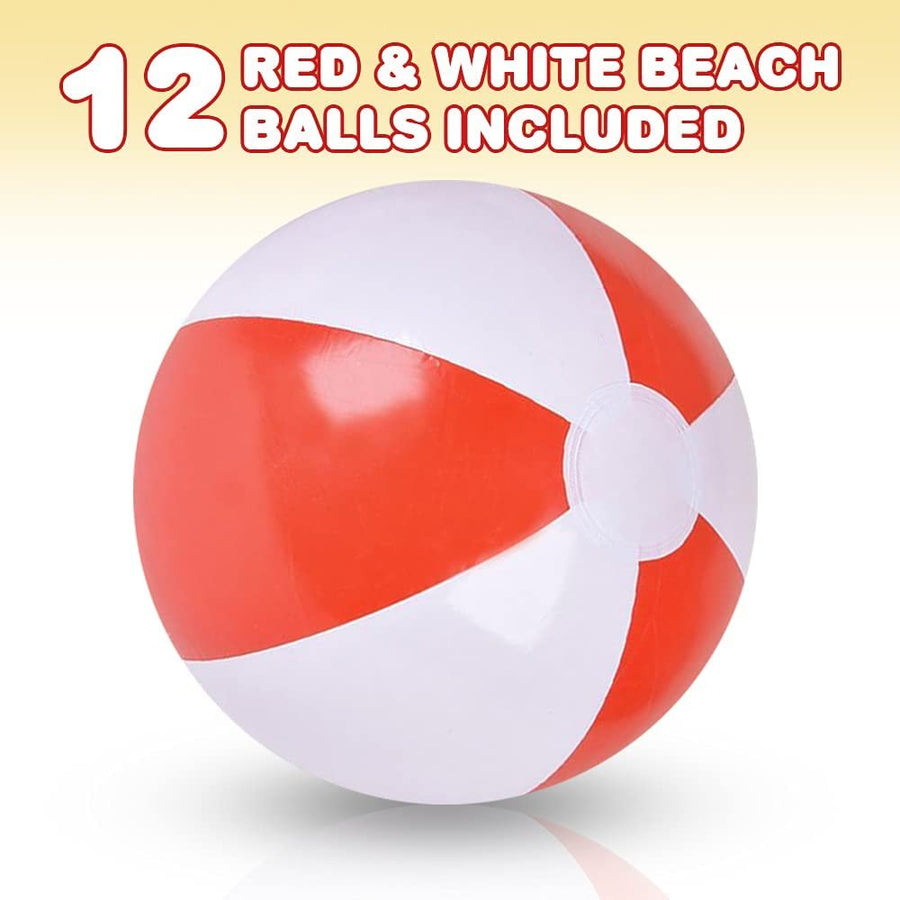 10" Red & White Beach Balls for Kids, Pack of 12, Inflatable Summer Toys for Boys and Girls, Decorations for Hawaiian, Beach, and Pool Party, Beach Ball Party Favors