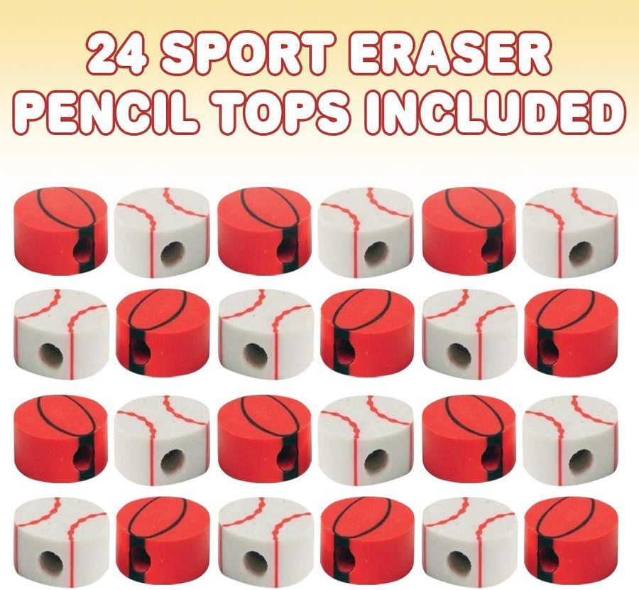 Sports Eraser Pencil Tops, 24 Pcs, Sporty Eraser Caps Toppers, Classroom Prize, Teacher Rewards, Sports Themed Birthday Party Favors, Goody Bag Stuffers for Boys and Girls