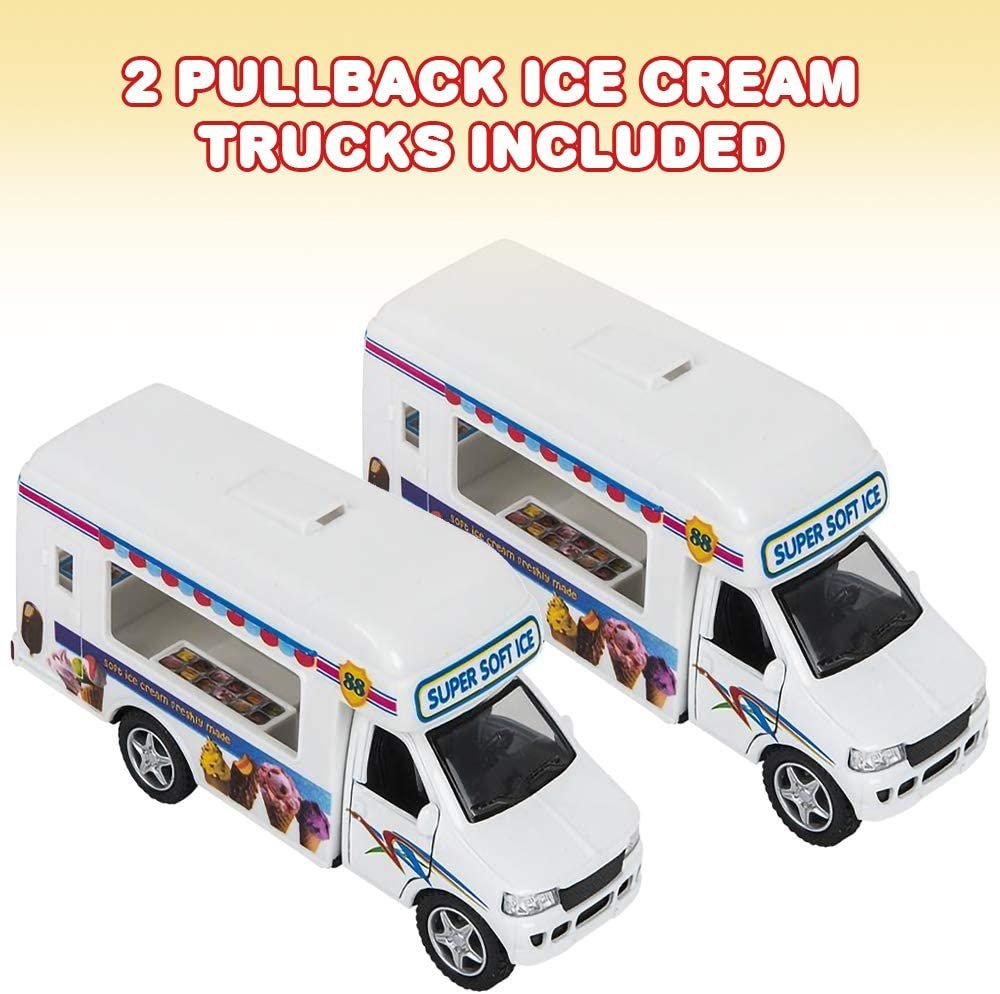 Diecast Ice Cream Trucks with Pullback Mechanism, Set of 2, Die Cast Vehicles with Realistic Detail, Cool Pretend Play Toy Cars for Kids, Best Birthday Gift, Party Favor for Boys & Girls