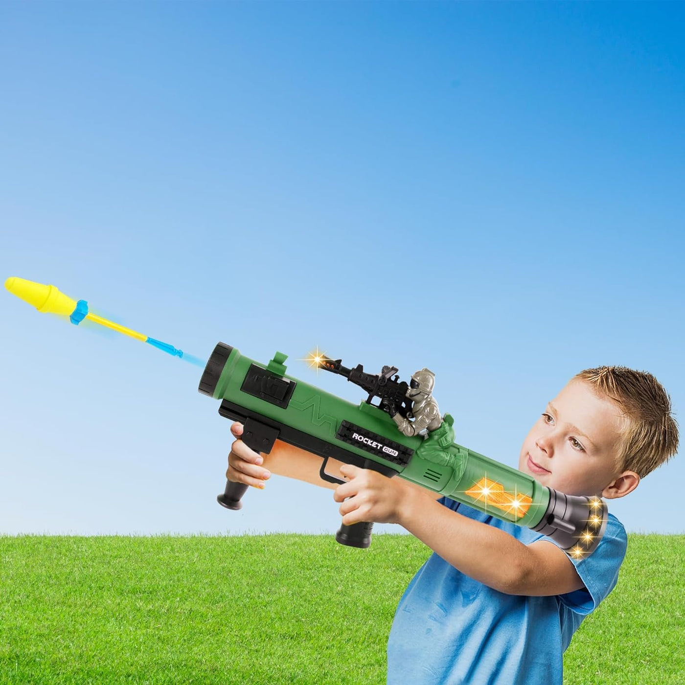 Rocket Launcher Handheld Gun with Lights & Sounds, Light Up Toy Rocket Launcher for Kids with 3 Rockets, Cool Sound, Vibration, & LED Effects, Military Pretend Play Toys for Boys