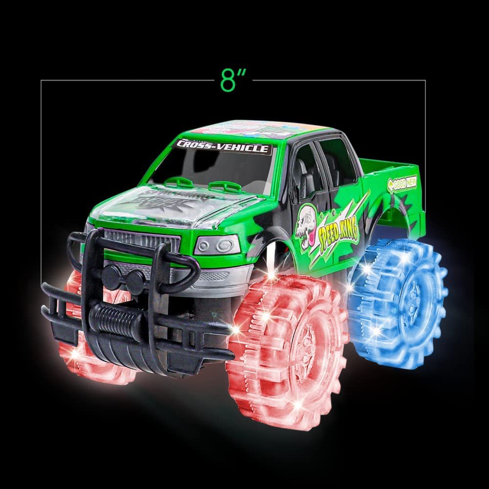 Light Up Green Monster Truck, 1 Piece, 8" Toy Monster Truck with Flashing LED Tires and Batteries, Push n Go Car Toys for Kids, Fun Gift for Boys and Girls Ages 3 and Up…