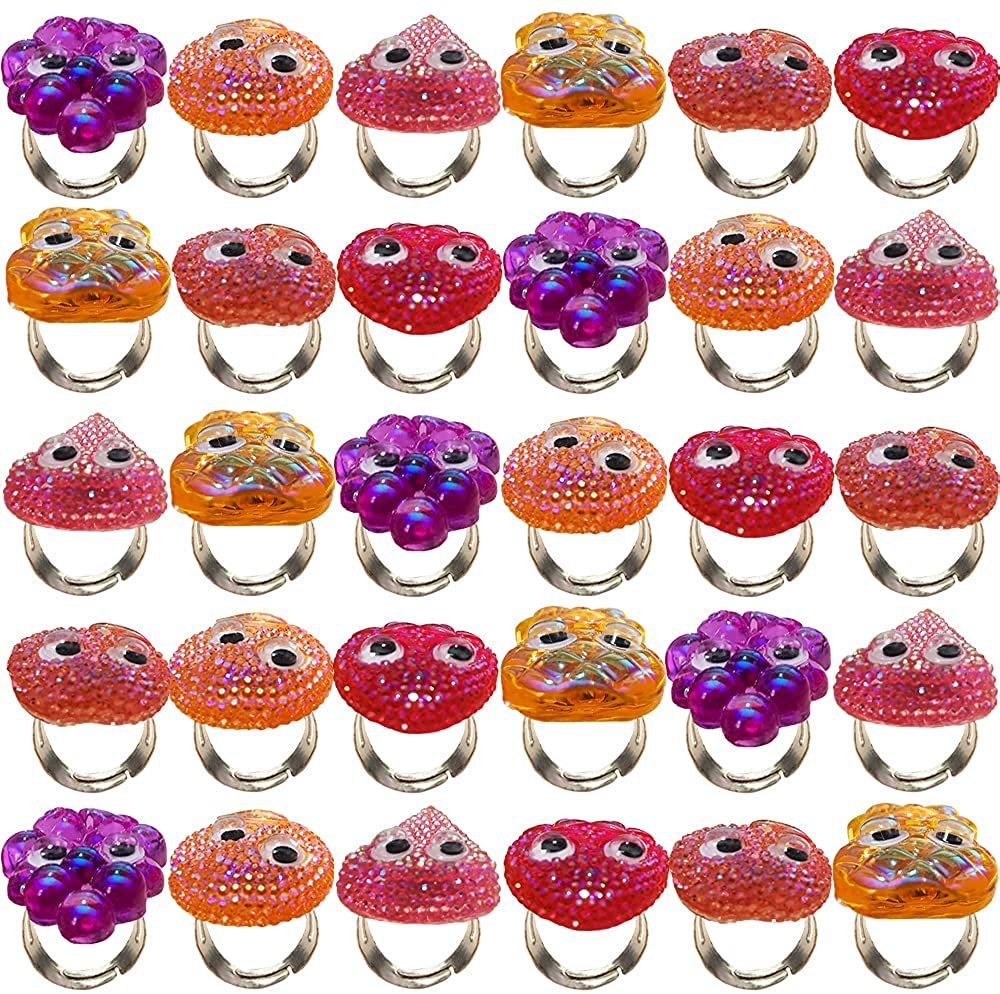 Glitter Fruit Rings for Kids, Set of 48, Adorable Jewelry for Little Girls & Boys, Glitzy Plastic Rings in Fun Assorted Colors & Designs, Dress Up