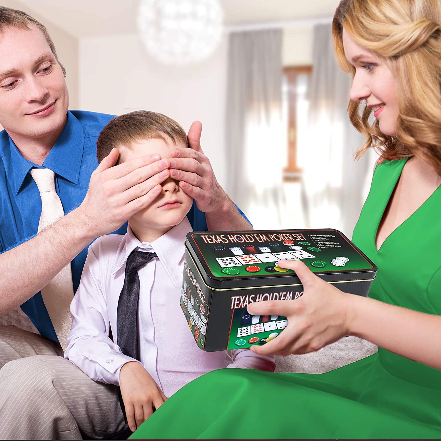 Gamie Texas Holdem Poker Game Set - Includes Hold’em Mat, 2 Card Decks, Chips, Chip Holder and Tin Storage Box - Fun Game Night Supplies - Cool Casino Gift for Kids and Adults