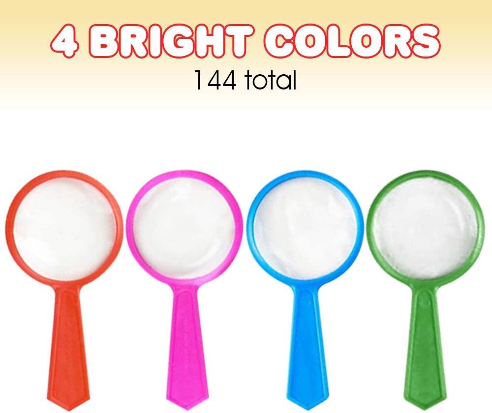 Kids’ Magnifying Glasses - Bulk Pack of 144 - Mini Magnifier Lenses in Assorted Bright Colors, Hand Held Magnifying Glasses Favors for Science, Explorer, Spy, Detective, or Insect Party