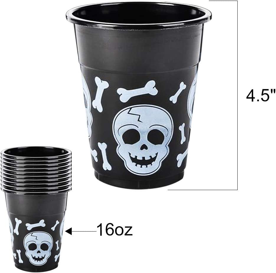 16oz Skull Disposable Party Cups, Set of 50, Plastic Party Cups for Halloween or Pirate Events, Spooky Skull and Bones Design, Fun Pirate Party Supplies, Black and White