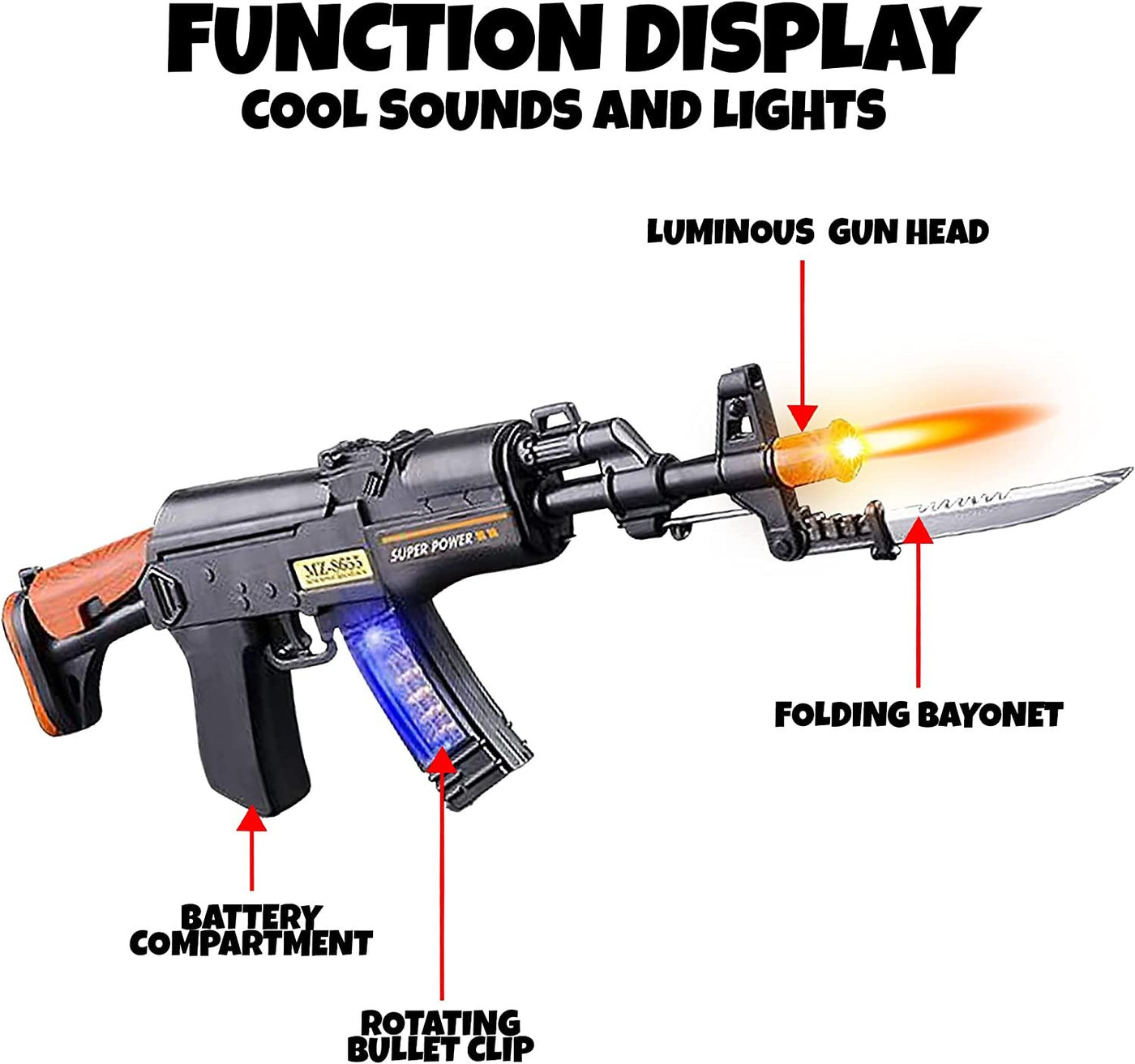 Light Up Toy Machine Gun with Folding Bayonet by ArtCreativity, Cool LED, Sound and Vibration Effect, 16" Pretend Play Military Submachine Pistol, Great Gift for Boys and Girls