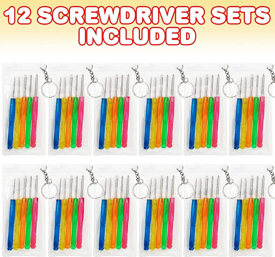 5 PC Mini Screwdriver Keychain Set, Pack of 12, Set Includes 5 Screw Drivers and Portable Pouch, Cool Birthday Party Favors for Boys, Girls, Adults, Goodie Bag Filler