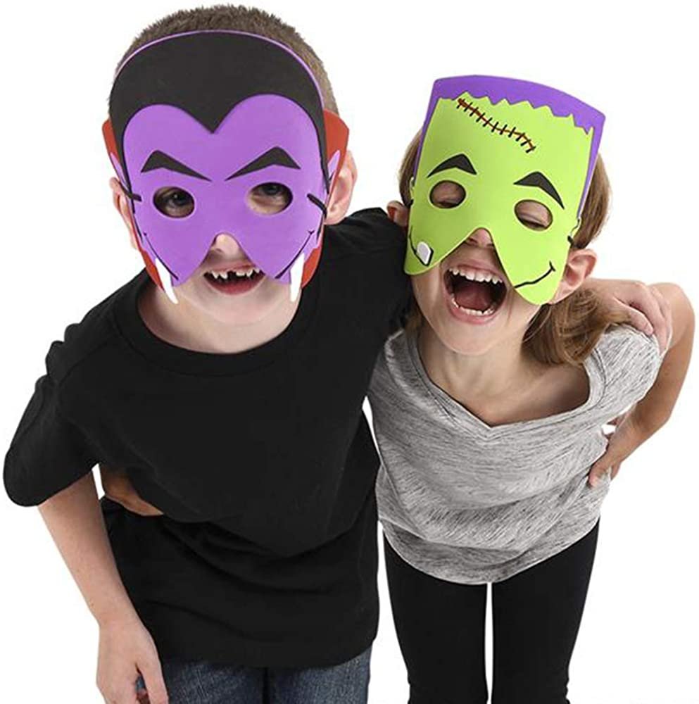 Halloween Foam Face Masks for Kids, Set of 12, Fun Halloween Costume Accessories, 6 Colorful Designs, Photo Booth Props and Halloween Party Favors, Non-Candy Trick or Treat Supplies