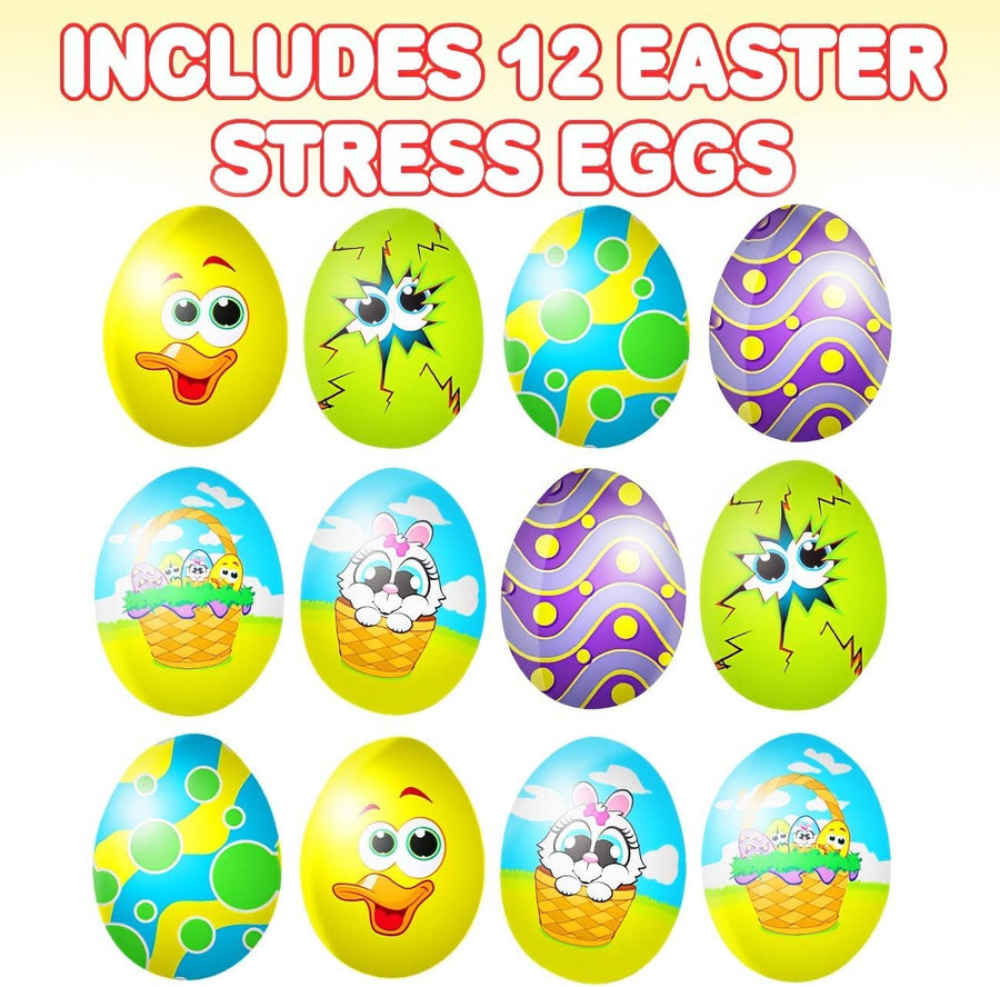 2.75" Easter Stress Relief Eggs - Set of 12 - Easter Themed Stress Relief Spongy Toy for Kids and Adults - Assorted Vibrant Colors - Egg Hunt Supplies, Party Favor for Boys and Girls