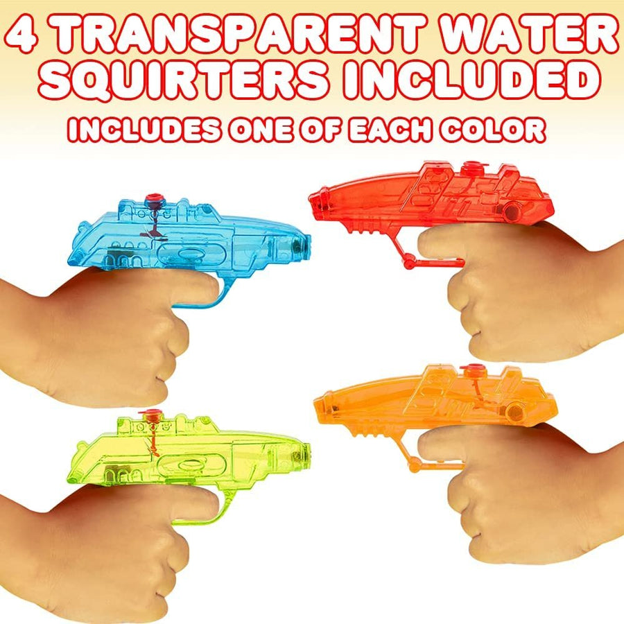Transparent Water Squirters for Kids, Set of 4, 5" Blaster Toys for Swimming Pool, Beach, and Outdoor Summer Fun, Cool Birthday Party Favors for Boys and Girls