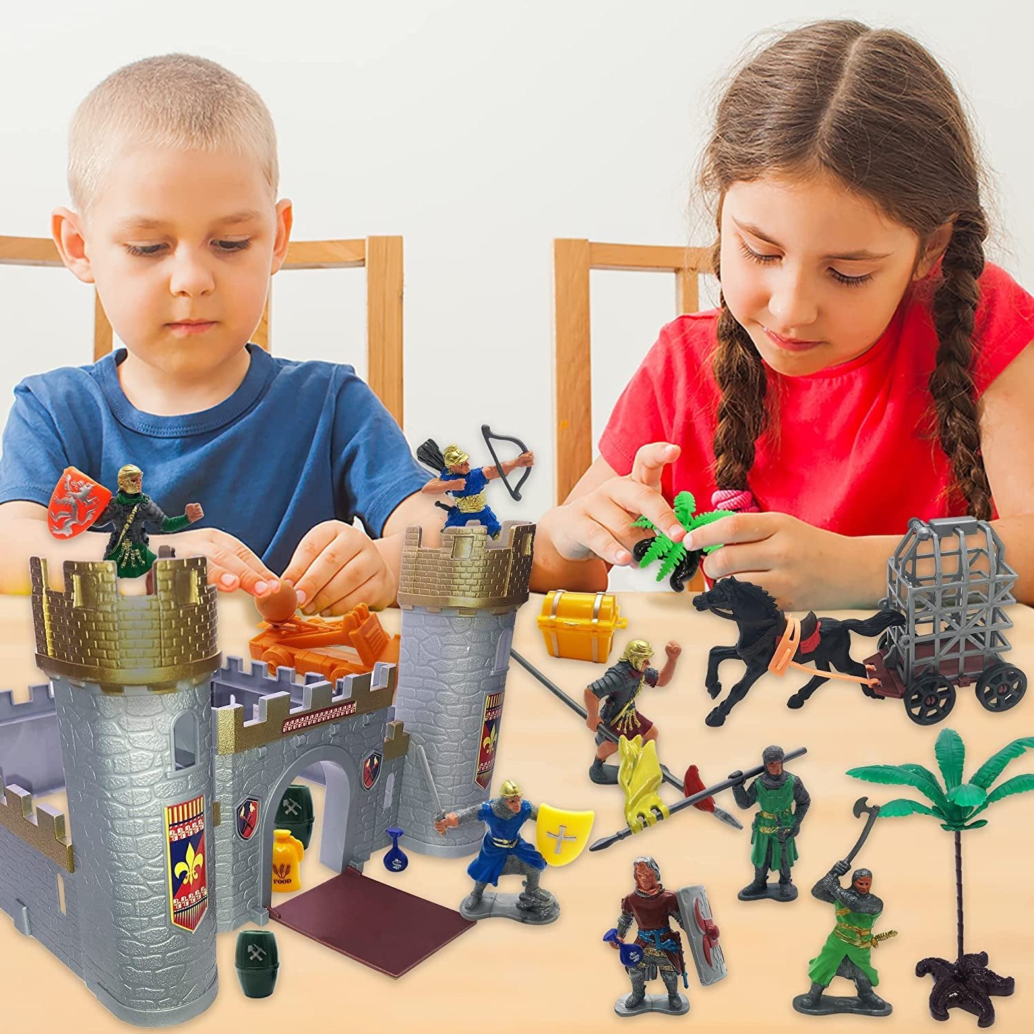 Medieval Castle Knights Playset for Kids, 27-Piece Deluxe Action Figure Play Set with Storage Bucket, Assembly Castle, 6 Knight Action Figures, Horse Drawn Carriage, Catapult, and More