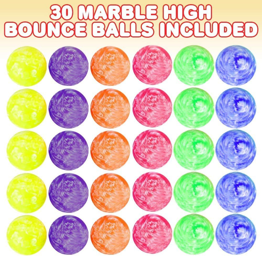Marble Bouncy Balls for Kids, Set of 30 Bouncing Balls in a Storage Bucket, Marbleized Look and Extra-High Bounce, Fun Assorted Colors, Birthday Party Favors, Goodie Bag Fillers