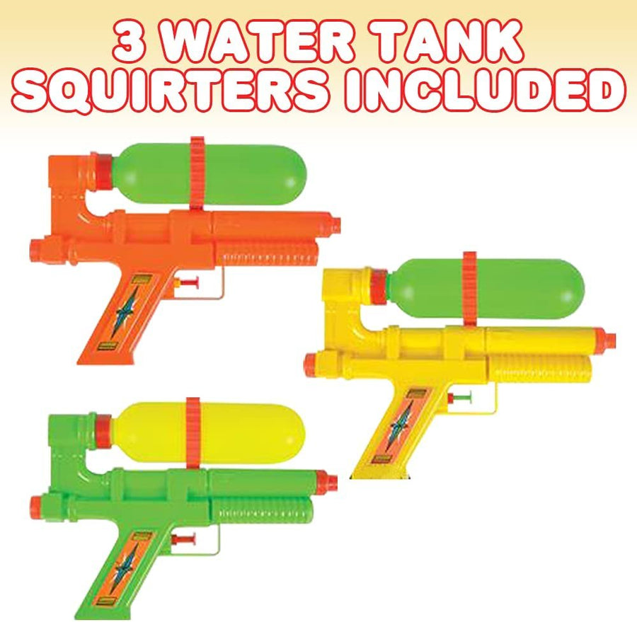 Water Tank Squirters for Kids, Set of 3, 9" Assorted Colors Water Blaster Toys for Swimming Pool, Beach, and Outdoor Summer Fun, Cool Birthday Party Favors for Boys and Girls