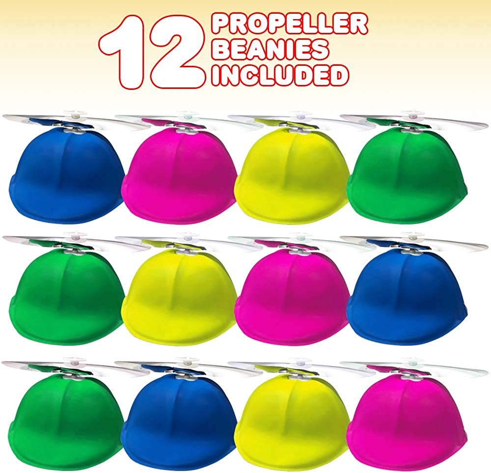 Propeller Beanie Hats for Kids, Pack of 12, Plastic Hats with Spinning Propellers on Top, Silly Costume Accessories, Crazy Party Hats, Photo Booth Props, Fun Gag Gifts